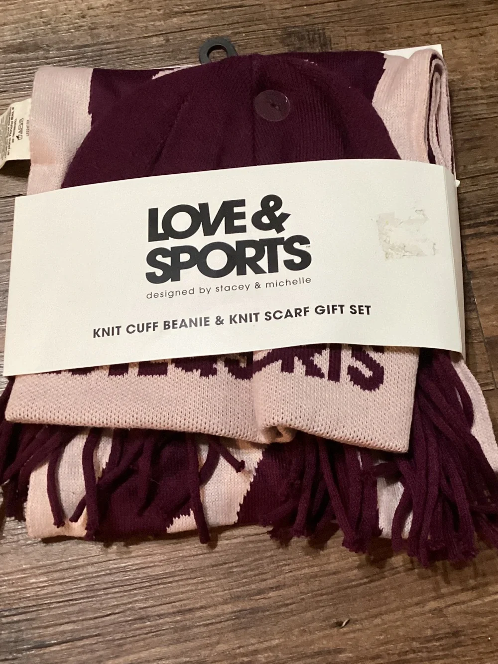 Love & Sports Knit Cuff Beanie & Scarf Gift Set - Pink & Burgundy
